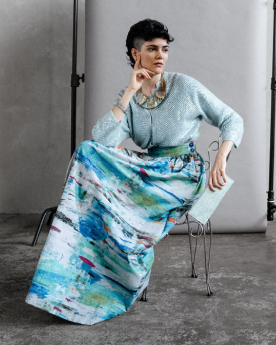 Close-up of Ocean Skirt print and gathered waistband