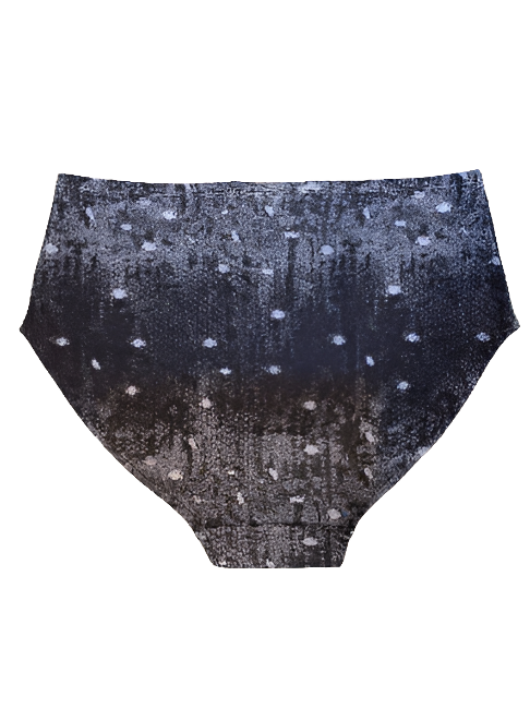 A flat lay of the back of the by Audrey and Grace Night Snow Big Girls briefs on a white background, showing a transitioning black grey mottled print with white dots that look like large snow flakes, covering the print