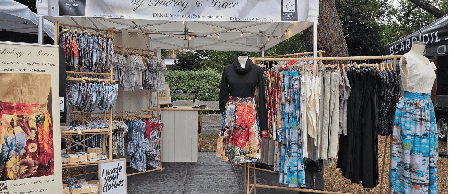 by Audrey & Grace market set up featuring zero waste skirts, ruby Jumpers and Australian made women's underwear.