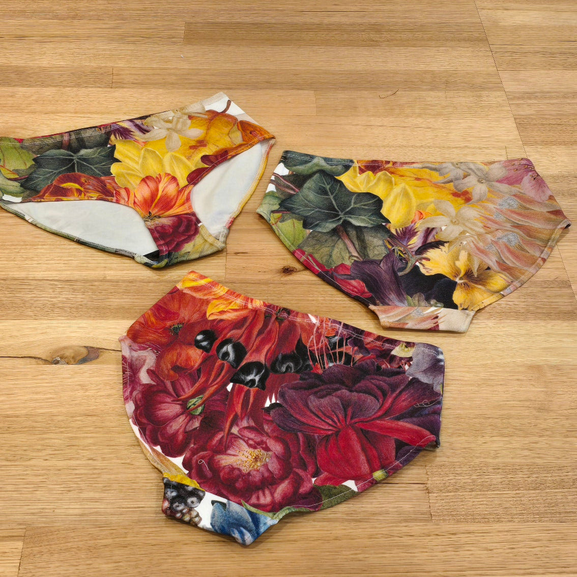 by Audrey and Grace Australian womens underwear Big Girls Briefs in Big Bloom print, 3 pairs beautiful large format floral print