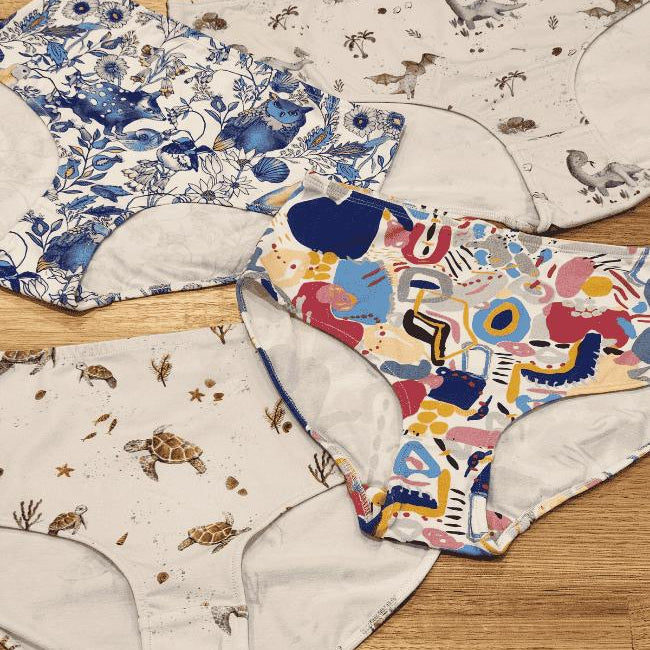 Australian-made women's underwear collection by Audrey & Grace - flat lay of ethical print briefs and hipsters - womens cotton underwear