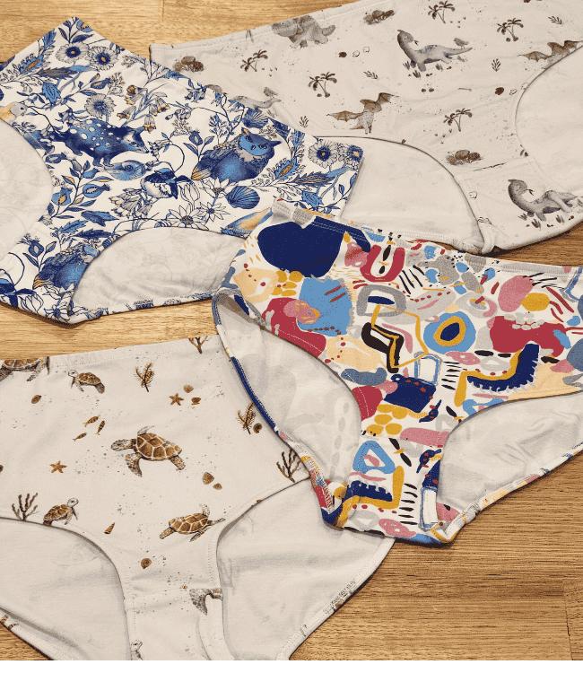 Australian-made women's underwear collection by Audrey & Grace - flat lay of ethical print briefs and hipsters - womens cotton underwear
