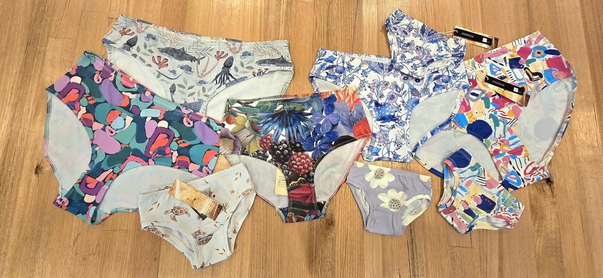 Australian-made women's underwear collection by Audrey & Grace - flat lay of ethical print briefs and hipsters -ethical Australian made womens cotton underwear. Fun women's printed underwear.