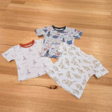 Flatlay showing three Australian made childrens tee shirts. On the bottom to the left is a childrens tee shirt with lighthouses and seagulls, in the middle is a childrens tee shirt with an underwater scene with stingrays, hammerhead sharks and squid, and the third kids tee shirt, on the right features monochrome dinosaurs.