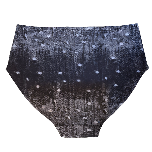A flat lay of the back of the by Audrey and Grace Night Snow Big Girls briefs on a white background, showing a transitioning black grey mottled print with white dots that look like large snow flakes, covering the print