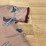 Kids raw edge tee in Aeroplanes print, organic cotton close up of sleeve detail