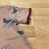 Kids raw edge tee in Aeroplanes print, organic cotton close up of sleeve detail