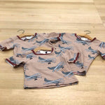 Kids raw edge tee in Aeroplanes print, three organic cotton tees