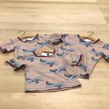Kids raw edge tee in Aeroplanes print, three organic cotton tees