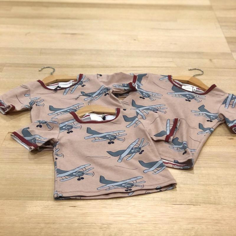 Kids raw edge tee in Aeroplanes print, three organic cotton tees