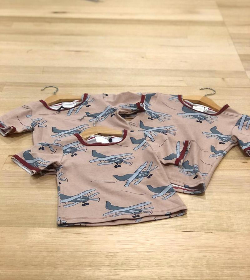 Kids raw edge tee in Aeroplanes print, three organic cotton tees