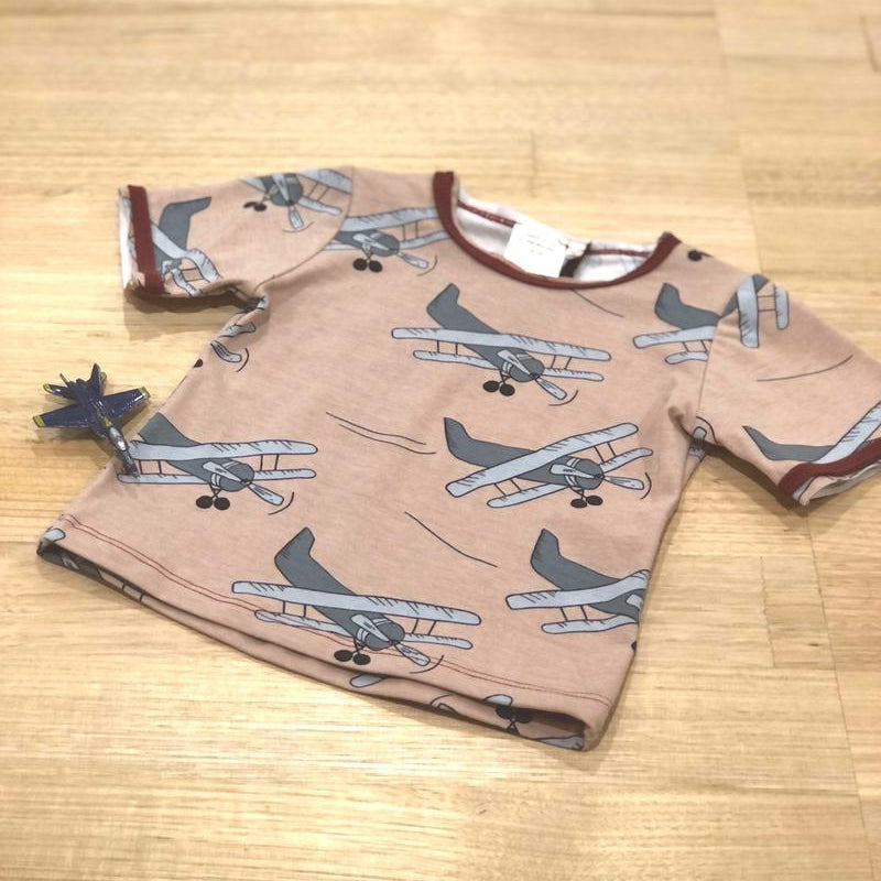 Kids raw edge tee in Aeroplanes print, organic cotton Front View