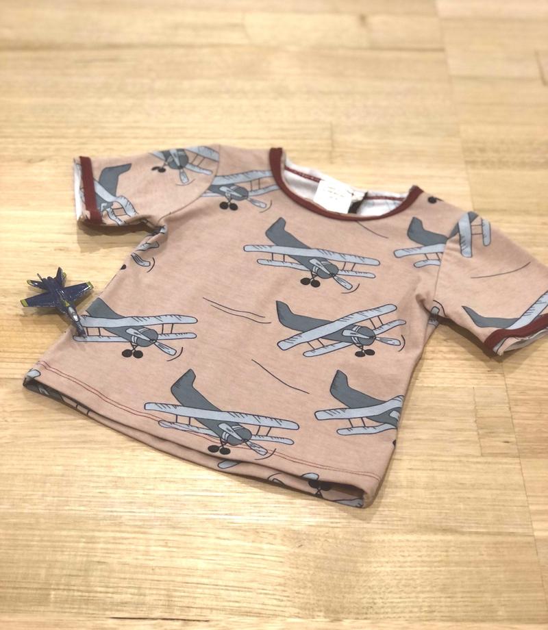 Kids raw edge tee in Aeroplanes print, organic cotton Front View