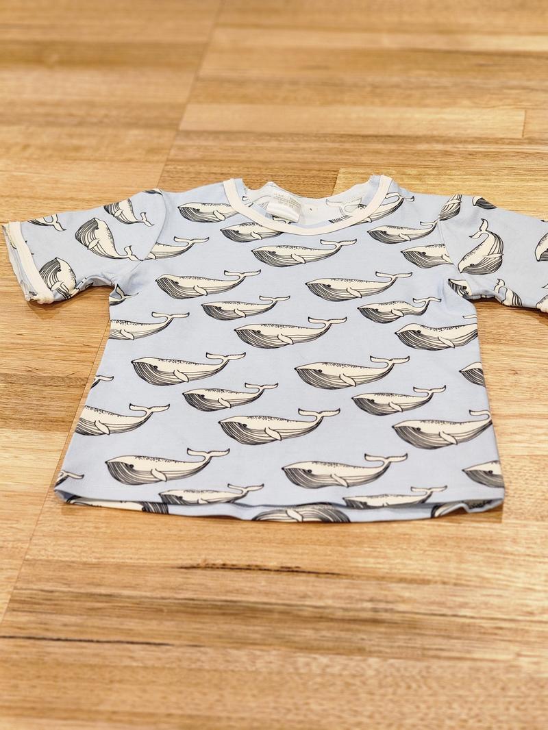 Kids raw edge tee in Blue Whales print, organic cotton Front View