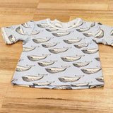 Kids raw edge tee in Blue Whales print, organic cotton Front View