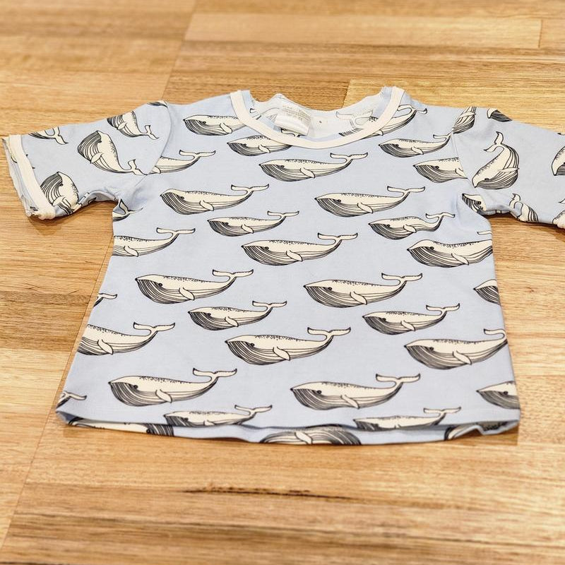 Kids raw edge tee in Blue Whales print, organic cotton Front View