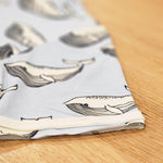 Kids raw edge tee in Blue Whales print, organic cotton close up of sleeve detail
