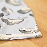 Kids raw edge tee in Blue Whales print, organic cotton close up of sleeve detail