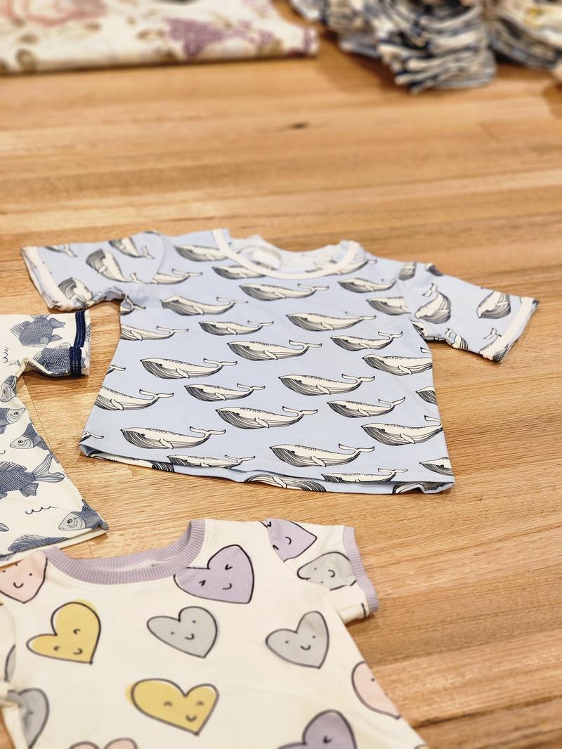 Kids raw edge tee in Blue Whales print and Smiley Hearts print, organic cotton