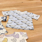 Kids raw edge tee in Blue Whales print and Smiley Hearts print, organic cotton