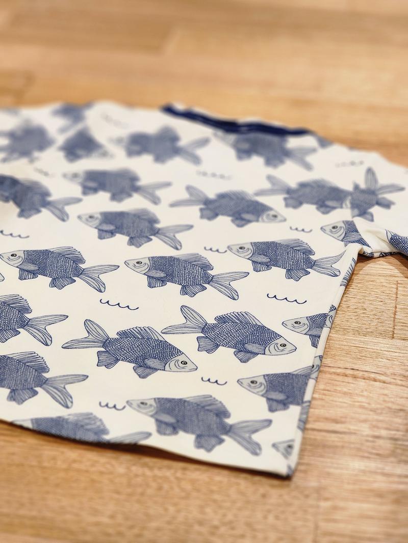 Kids raw edge tee in Fish print, organic cotton — back flat lay
