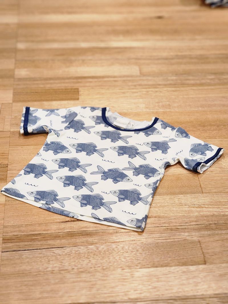 Kids raw edge tee in Fish print, organic cotton — front flat lay