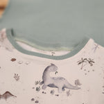 Kids tee in Baby Dinos print, Australian cotton close up of neck