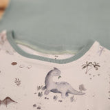 Kids tee in Baby Dinos print, Australian cotton close up of neck