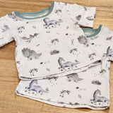 Two Kids tee in Baby Dinos print, Australian cotton one on top of the other