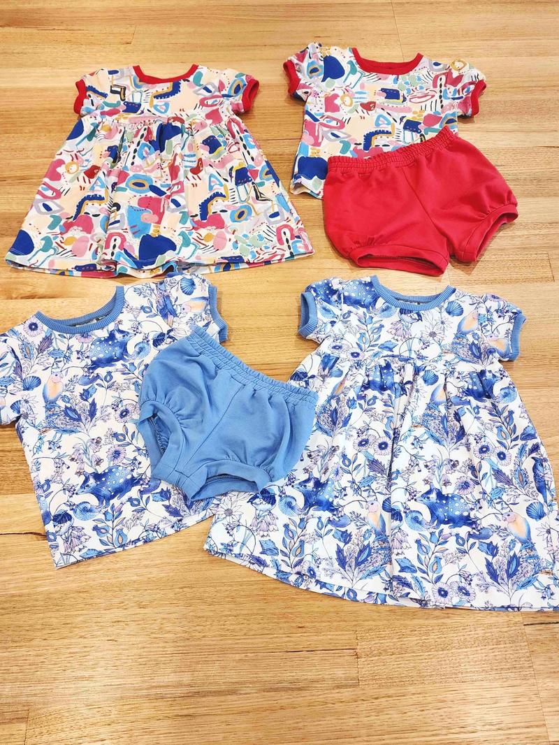 Kids puff sleeve tee in Magnetic and Owl and Quoll with matching Kitty dresses and Miss Bennet Shorts
