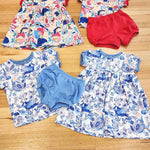 Kids puff sleeve tee in Magnetic and Owl and Quoll with matching Kitty dresses and Miss Bennet Shorts