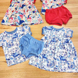 Kids puff sleeve tee in Magnetic and Owl and Quoll with matching Kitty dresses and Miss Bennet Shorts