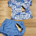 by Audrey and Grace Australian Made Kids Tee Owl & Quoll with gathered sleeves blue and white with Blue Miss Bennet shorts