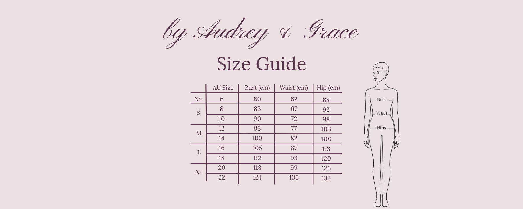 Australian women's clothing size chart by Audrey & Grace. Sizes 6 to 22, including bust, waist, and hip measurements. Ethical, made in Melbourne.