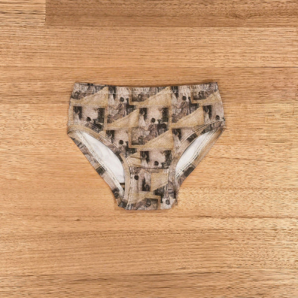 Little Girls Briefs in the Mother and Child print, front view, soft cotton Australian made kids underwear