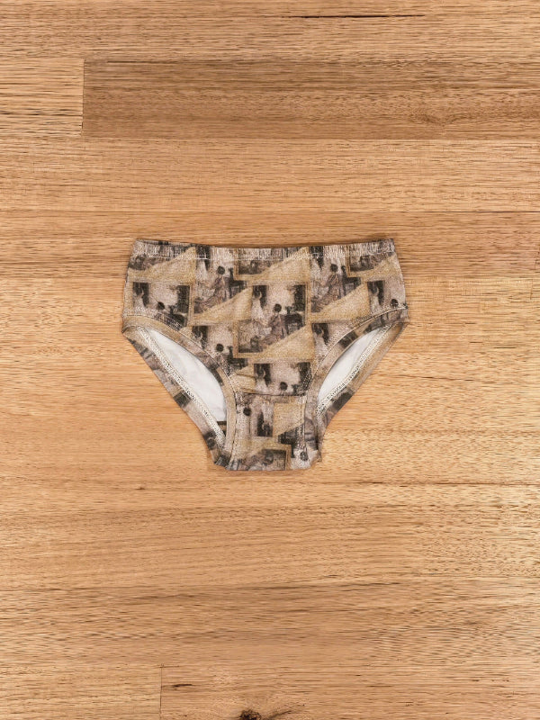 Little Girls Briefs in the Mother and Child print, front view, soft cotton Australian made kids underwear