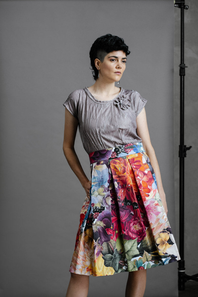 Zero Waste Box Pleat Skirt in Big Bloom, organic cotton — front view of model in the Big Bloom skirt and the Antique Zero Waste top
