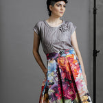 Zero Waste Box Pleat Skirt in Big Bloom, organic cotton — front view of model in the Big Bloom skirt and the Antique Zero Waste top