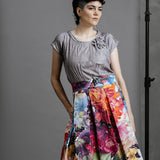Zero Waste Box Pleat Skirt in Big Bloom, organic cotton — front view of model in the Big Bloom skirt and the Antique Zero Waste top