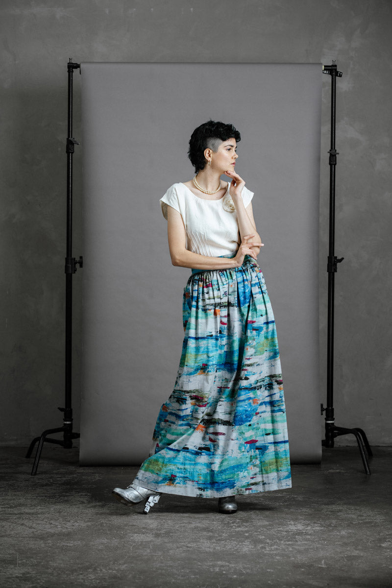 Full length zero waste Ocean skirt styled with oyster linen zero waste top tucked in, full-length sustainable outfit