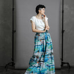 Full length zero waste Ocean skirt styled with oyster linen zero waste top tucked in, full-length sustainable outfit