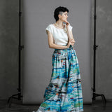 Full length zero waste Ocean skirt styled with oyster linen zero waste top tucked in, full-length sustainable outfit