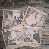All 4 of the by Audrey and Grace Sewing Ladies Handkerchiefs set laid out, showing each image. 1 is Mother and child, 2 is The Crinoline Lady, 3 is The lesson with two ladies at the sewing machine and 4 is  Good Taste, showing another two smiling ladies at a sewing machine. All images from the 1920s, with a tear through the image and old type face showing through underneath. 