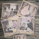 A set of 4 by Audrey and Grace Ladies Handkerchiefs laid out, showing each image. 1 is Mother and child, 2 is The Crinoline Lady, 3 is The lesson with two ladies at the sewing machine and 4 is  Good Taste, showing another two smiling ladies at a sewing machine. All images from the 1920s, with a tear through the image and old type face showing through underneath. They are accompanied b a small rectangular pouch featuring the Crinoline Lady image sitting below them.