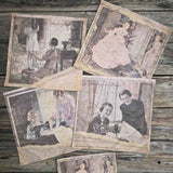 A set of 4 by Audrey and Grace Ladies Handkerchiefs laid out, showing each image. 1 is Mother and child, 2 is The Crinoline Lady, 3 is The lesson with two ladies at the sewing machine and 4 is  Good Taste, showing another two smiling ladies at a sewing machine. All images from the 1920s, with a tear through the image and old type face showing through underneath. They are accompanied b a small rectangular pouch featuring the Crinoline Lady image sitting below them.