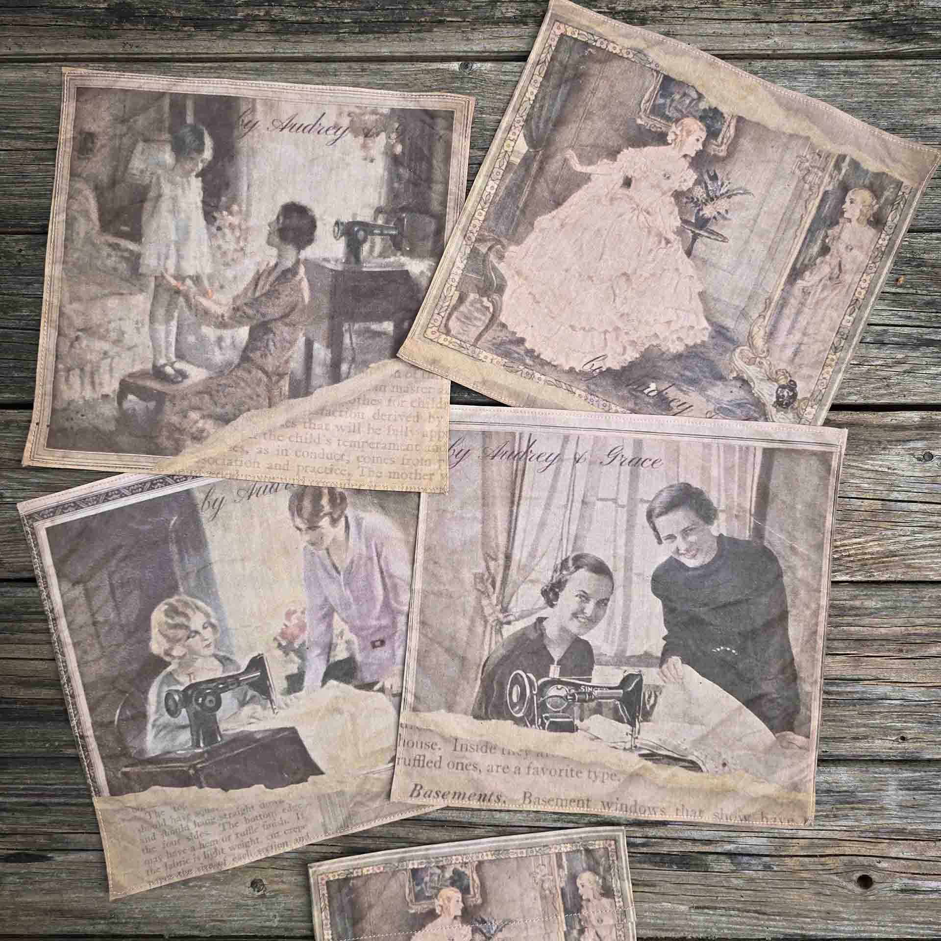 A set of 4 by Audrey and Grace Ladies Handkerchiefs laid out, showing each image. 1 is Mother and child, 2 is The Crinoline Lady, 3 is The lesson with two ladies at the sewing machine and 4 is  Good Taste, showing another two smiling ladies at a sewing machine. All images from the 1920s, with a tear through the image and old type face showing through underneath. They are accompanied b a small rectangular pouch featuring the Crinoline Lady image sitting below them.