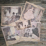 A set of 4 by Audrey and Grace Ladies Handkerchiefs laid out, showing each image. 1 is Mother and child, 2 is The Crinoline Lady, 3 is The lesson with two ladies at the sewing machine and 4 is  Good Taste, showing another two smiling ladies at a sewing machine. All images from the 1920s, with a tear through the image and old type face showing through underneath. They have a small rectangular pouch featuring the Mother and Child print sitting atop of them.