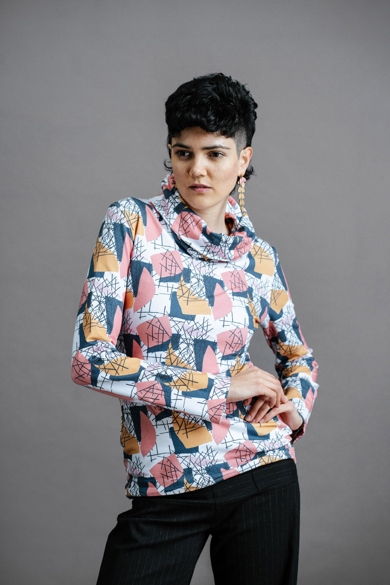 The Ruby Jumper Jumble Print, with large cowl neck, Australian Women's Jumpers made from Australian cotton — Front facing with hands on hip