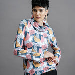 The Ruby Jumper Jumble Print, with large cowl neck, Australian Women's Jumpers made from Australian cotton — Front facing with hands on hip