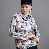 The Ruby Jumper Jumble Print, with large cowl neck, Australian Women's Jumpers made from Australian cotton — Front facing with hands on hip